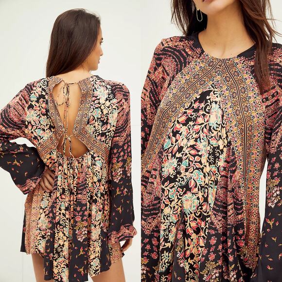 NWOT Free People Stevie Floral Paisley Long Bell Sleeve Tie Back Tunic Dress XS - Picture 2 of 15